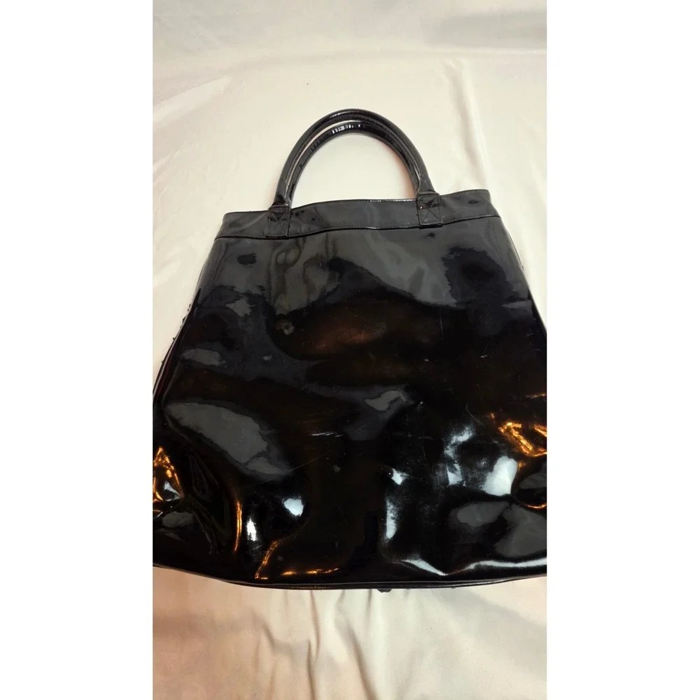 Black Rosette Floral Tote Bag Patent Trim Whimsigoth Gothic Romance Coquette